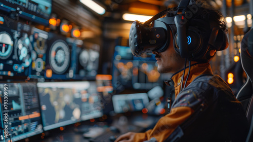 Engineer wearing VR headset with high-tech screens in the background.