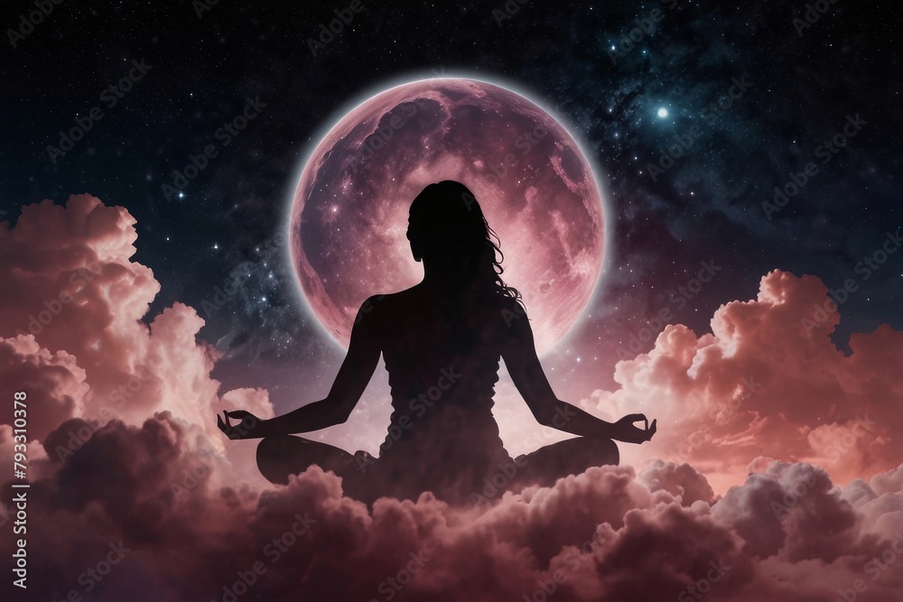 Silhouette human lotus position, meditation space galaxy cloud nebula, cosmos background wallpaper