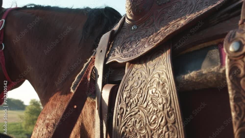 Man tightens the straps on a western saddle Man tightens the straps on a western saddle