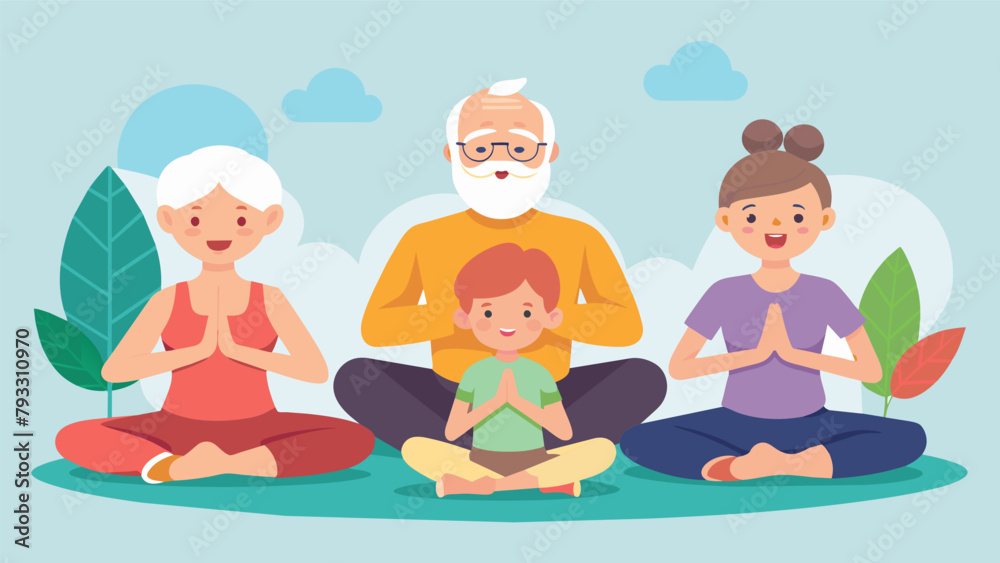 A group of grandparents joining in on the beginners yoga session grateful for the opportunity to bond with their grandchildren in a calm and A group of grandparents joining in on the beginners yoga session grateful for the opportunity to bond with their grandchildren in a calm and