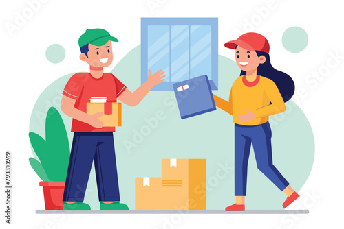 A man and woman work together to move boxes, The courier delivers the package to the customer, Simple and minimalist flat Vector Illustration