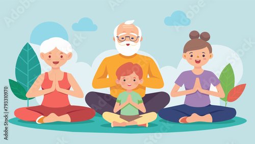 A group of grandparents joining in on the beginners yoga session grateful for the opportunity to bond with their grandchildren in a calm and
