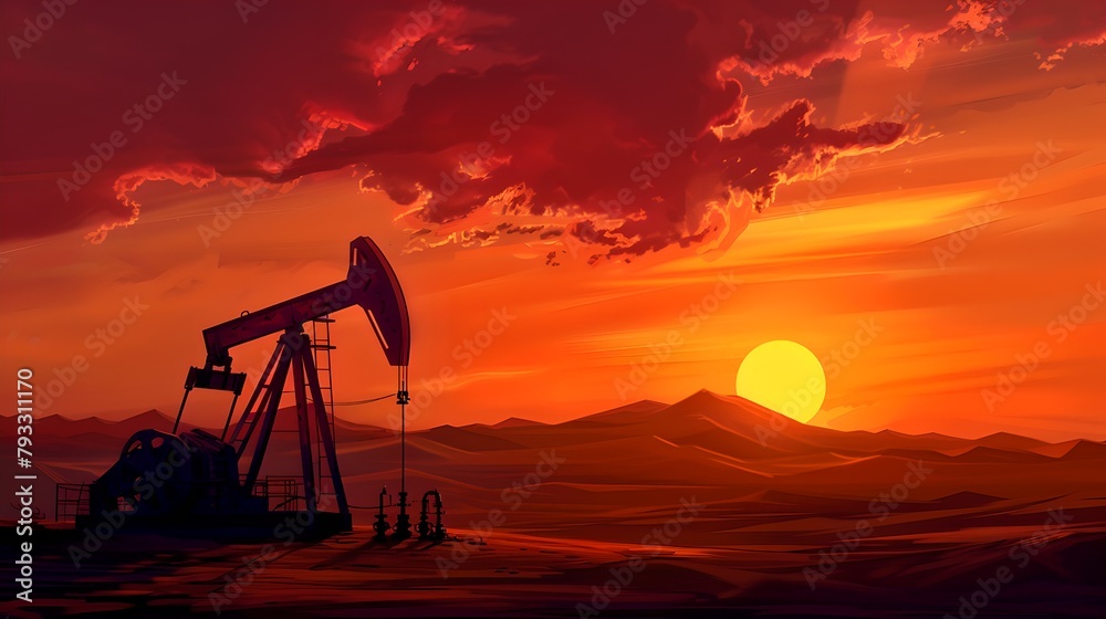 Oil pump silhouette at dusk under a vibrant sunset sky. Industrial landscape, energy extraction concept. Sunset color palette. Stock image. AI