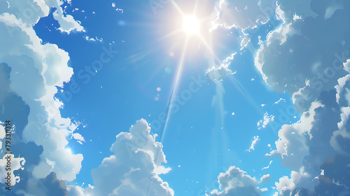 a clear, blue sky adorned with fluffy white clouds. The central focus is on a bright sun, which emits radiant beams of light photo