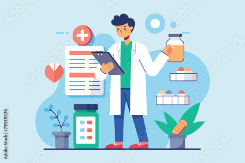 A man in a lab coat is holding a clipboard, likely checking medicine information, the doctor is checking the medicine, Simple and minimalist flat Vector Illustration