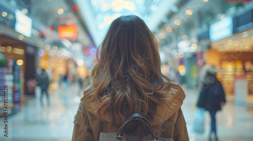 A woman with long hair and a coat in a shopping mall, viewed from behind, against a blurry store background.