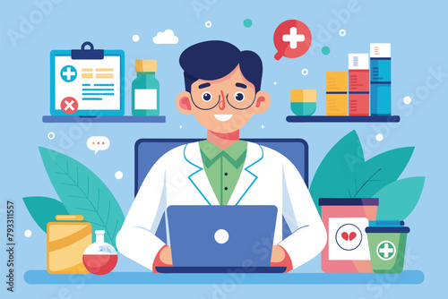 A man is sitting in front of a laptop computer, consulting online about medicines, the doctor is consulting online about medicines, Simple and minimalist flat Vector Illustration