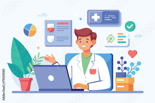 A man sitting in front of a laptop computer, consulting online about medicines, the doctor is consulting online about medicines, Simple and minimalist flat Vector Illustration