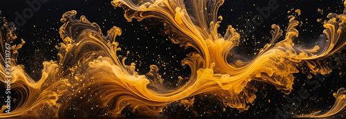 Golden sparkling abstract background, luxury black smoke, acrylic paint underwater explosion, cosmic swirling ink