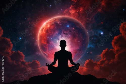 Silhouette human lotus position, meditation space galaxy cloud nebula, cosmos background wallpaper #793311945