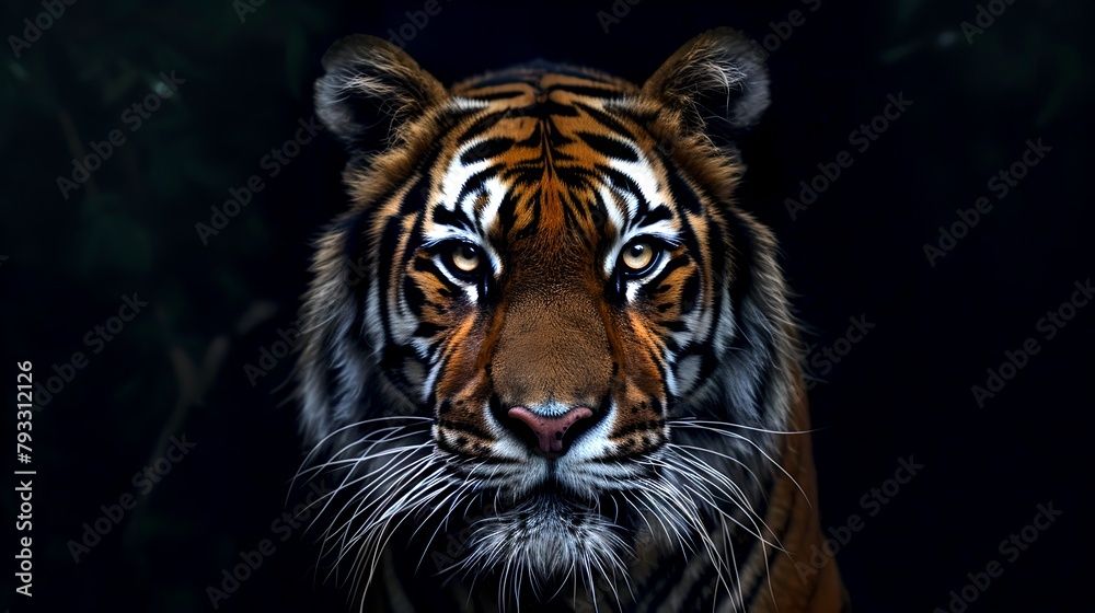 Majestic Tiger Portrait Against Dark Background, Intense Wildlife Photography Style, Perfect for Posters and Wall Art. AI