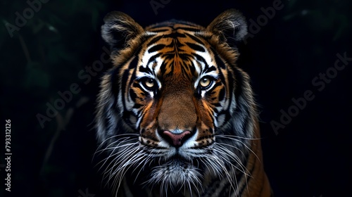 Majestic Tiger Portrait Against Dark Background, Intense Wildlife Photography Style, Perfect for Posters and Wall Art. AI