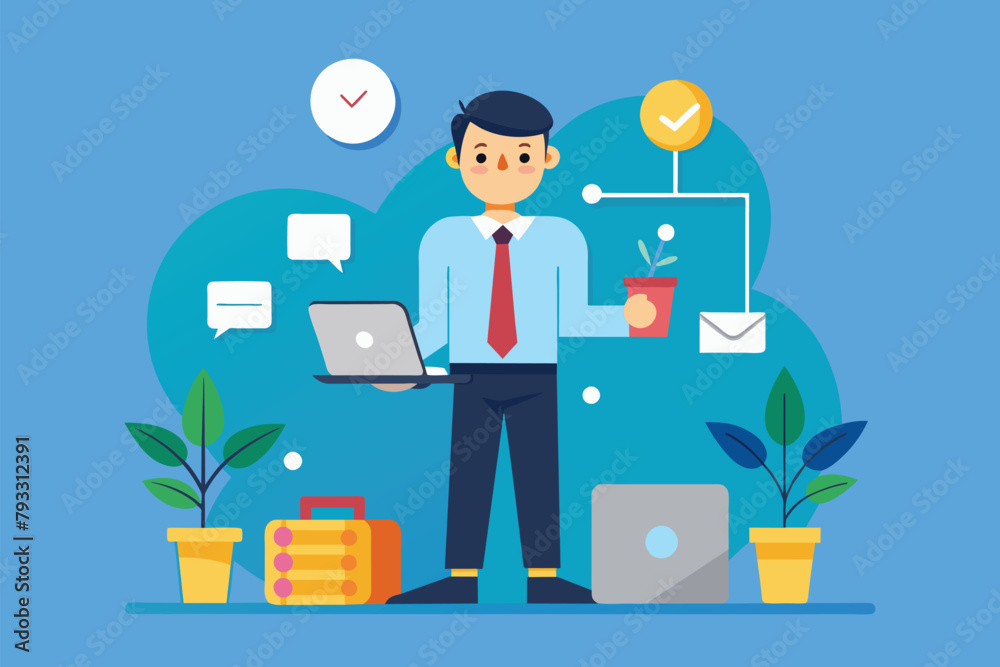 A man standing in front of a laptop computer, The manager provides work direction, Simple and minimalist flat Vector Illustration A man standing in front of a laptop computer, The manager provides work direction, Simple and minimalist flat Vector Illustration