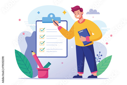 A man writes on a clipboard next to another one containing a checklist, the man is writing about rules on the clipboard, Simple and minimalist flat Vector Illustration