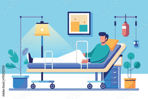 A man is laying in a hospital bed next to a lamp, The patient is lying in bed in the intensive therapy room, Simple and minimalist flat Vector Illustration
