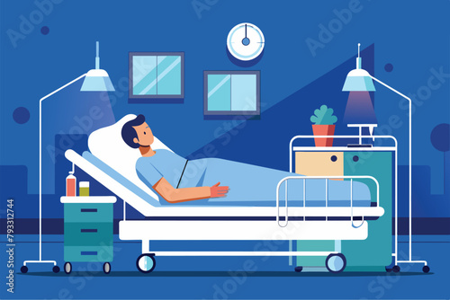 A man is lying in a hospital bed, wearing a stethoscope, The patient is lying in bed in the intensive therapy room, Simple and minimalist flat Vector Illustration