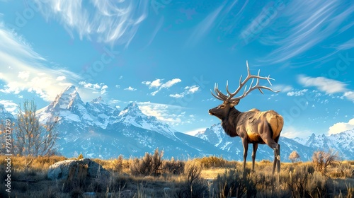 Majestic Elk Standing in Mountain Landscape, Serene Nature Scene, Perfect for Wall Art and Background Use. Stock Image. AI