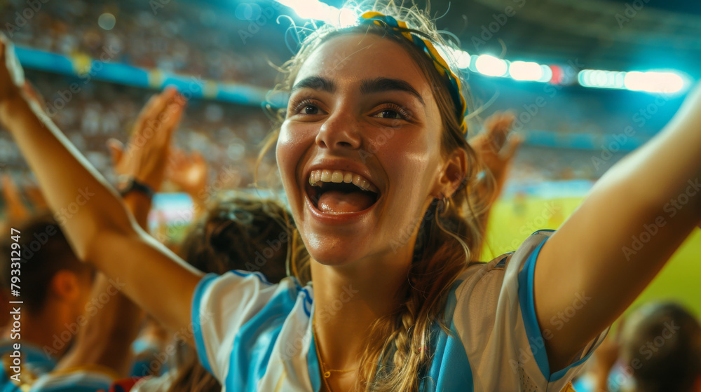 Excited female fan in blue and white colors cheering at a sports event. Excited female fan in blue and white colors cheering at a sports event.