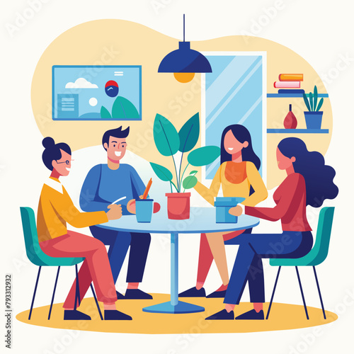 Business professionals having a meeting around a conference table, the people are having a meeting, Simple and minimalist flat Vector Illustration
