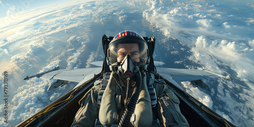 Wide-angle shot of a fighter pilot in cockpit above the clouds during flight.