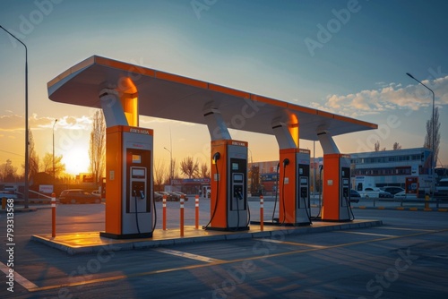 Gas pumps in a parking lot at sunset under a colorful sky photo