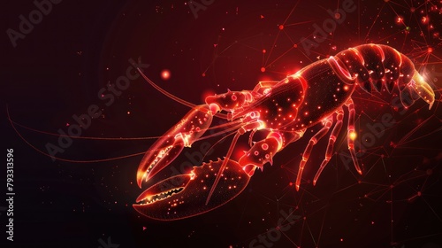 Lobster, omar from futuristic polygonal red lines and glowing stars for banner, poster, greeting card. AI generated photo