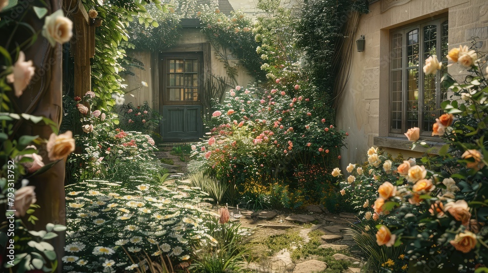 quaint English country garden brimming with heritage roses and fragrant herbs, exuding the timeless charm and romance of the countryside.
