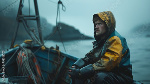 A fisherman in a yellow hooded jacket sits on a boat, looking thoughtful amidst a misty seascape. photo