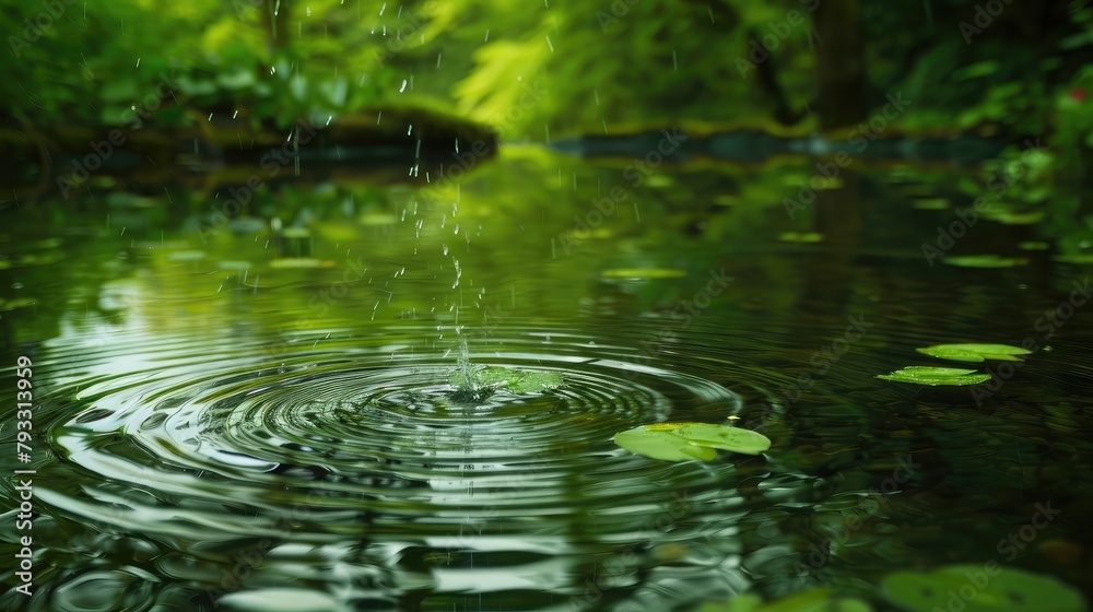 serene moment of reflection as rain falls gently on a tranquil pond, creating ripples on the surface and soothing the surrounding landscape. serene moment of reflection as rain falls gently on a tranquil pond, creating ripples on the surface and soothing the surrounding landscape.