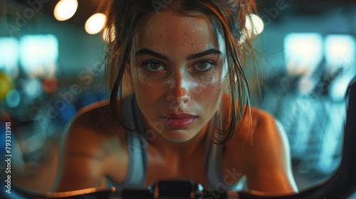 Focused woman exercising on a stationary bike at a gym. photo