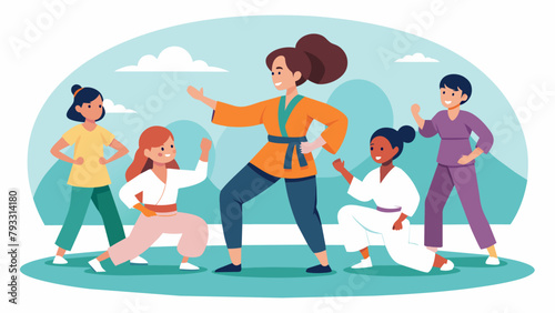 With her fellow martial arts practitioners a woman volunteers at a local womens shelter teaching selfdefense to survivors of domestic violence