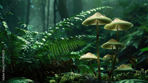 tranquil forest glade adorned with delicate mushrooms and ferns, thriving in the damp conditions of the rainy season under a canopy of green.