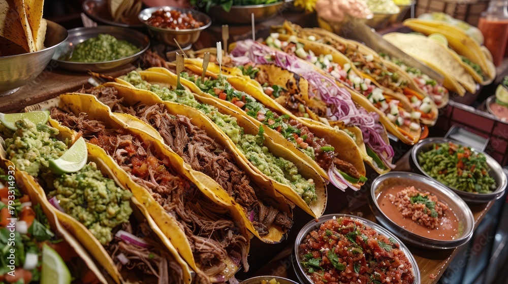 Fototapeta premium vibrant assortment of Mexican tacos, piled high with tender carnitas, tangy salsa, and zesty guacamole, capturing the bold flavors of Mexican street cuisine.