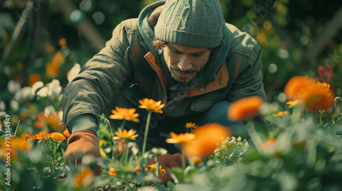 A gardener is carefully planting flowers in a lush garden, cinematic shot with focus on the person and foreground flowers.