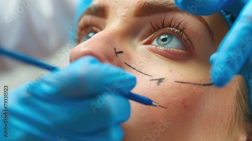 woman undergoing buccal fat removal surgery to achieve a slimmer and more sculpted face, with the surgeon reducing excess fat deposits in the cheeks. photo