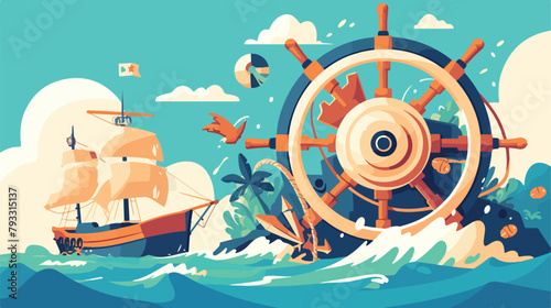 Vector illustration of wheel map and rope. Sea coll