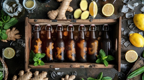 Ginger Beer and Citrus Fusion. An inviting array of ginger beer bottles amid fresh lemon wedges and mint leaves, nestled on ice, evoking the zesty essence of summer refreshments photo