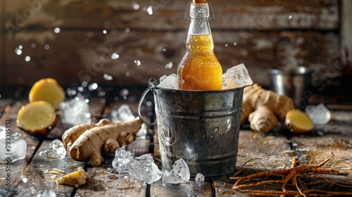 Chilled Ginger Beer Refreshment. An ice-cold bottle of ginger beer emerges from a frosty bed of ice cubes, surrounded by raw ginger roots, promising a zesty and refreshing escape