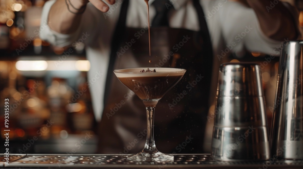 Barista Crafted Espresso Martini. A skilled barista pours a stream of espresso into a martini glass, the perfect blend of coffee and spirits, against the backdrop of a bustling bar's ambient glow Barista Crafted Espresso Martini. A skilled barista pours a stream of espresso into a martini glass, the perfect blend of coffee and spirits, against the backdrop of a bustling bar's ambient glow