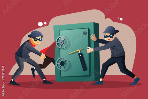 Two people standing in front of a closed door, thieves try to break into the safe, Simple and minimalist flat Vector Illustration