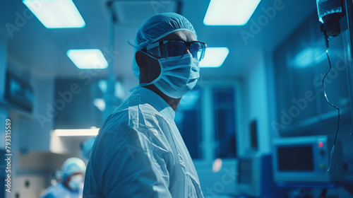 A gastroenterologist in scrubs with a mask and protective goggles in a blue-lit operating room. photo