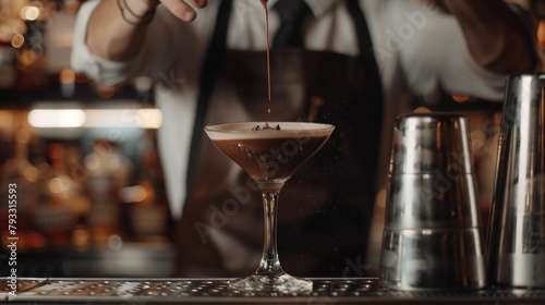 Barista Crafted Espresso Martini. A skilled barista pours a stream of espresso into a martini glass, the perfect blend of coffee and spirits, against the backdrop of a bustling bar's ambient glow