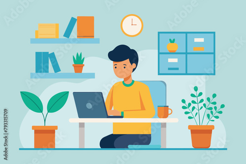 A person is sitting at a desk, working on a laptop, thinking about office work, Simple and minimalist flat Vector Illustration