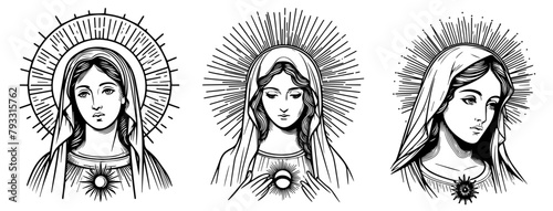 Our Lady Virgin Mary, vector illustration: Madonna, Mother of God silhouette for laser cutting cnc, engraving, decorative religious icon, clipart black shape photo