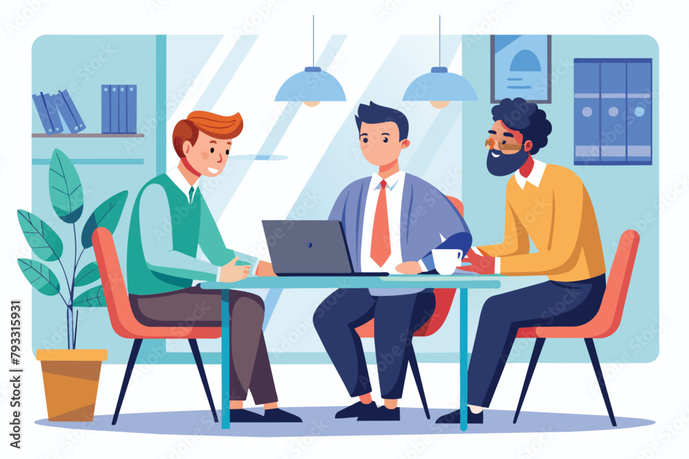 Three men sitting at an office table, engaging in a business meeting while using a laptop, three men have a business meeting at the office, Simple and minimalist flat Vector Illustration Three men sitting at an office table, engaging in a business meeting while using a laptop, three men have a business meeting at the office, Simple and minimalist flat Vector Illustration