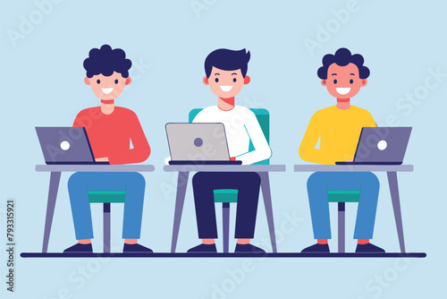 Three men are seated at a table, each working on a laptop, Three men sitting at table with laptops, Simple and minimalist flat Vector Illustration