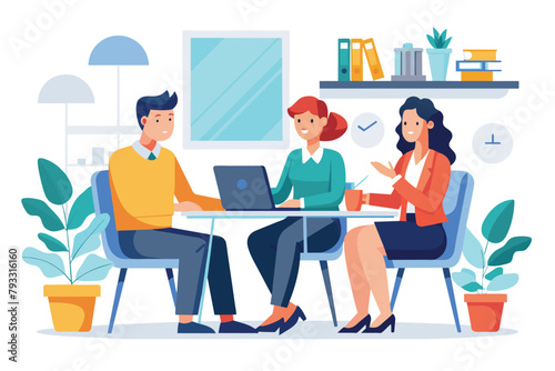 Group of People Working on Laptop at Table, three people had a business meeting at the office, Simple and minimalist flat Vector Illustration