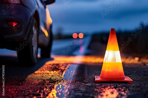 A warning cone placed on the road as a sign of the importance of safe driving. Traffic cone on the asphalt for roadside assistance.