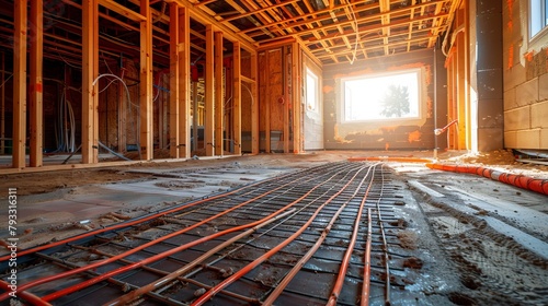 In the construction of a house, tubing is laid out as elements of a radiant floor heating system.  photo