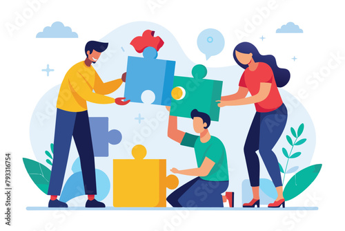 Three individuals collaboratively assembling puzzle pieces, Three people work together to put together a puzzle, Simple and minimalist flat Vector Illustration